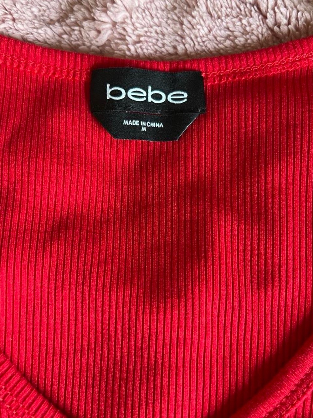 bebe Red Rhinestone Logo Ribbed Short Sleeve Tee - Picture 6 of 7